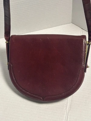 Vintage Burgundy Bordeaux Leather Saddle Crossbody Bag Purse Half Moon Gold - Image 1 of 4