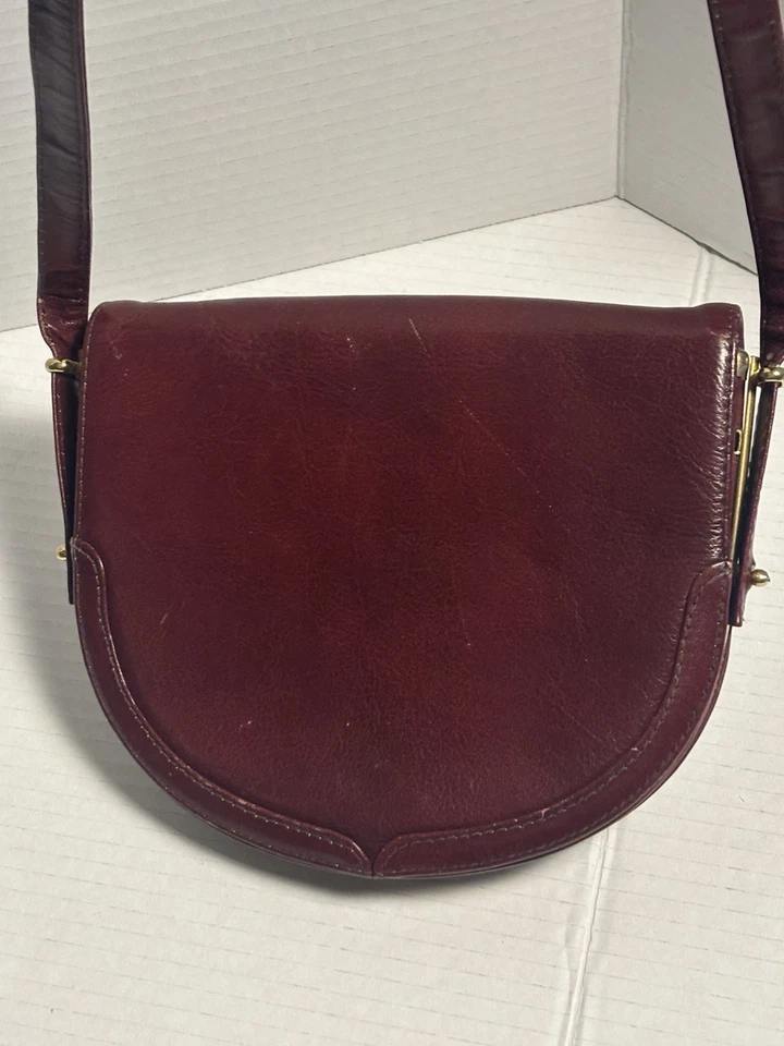 Vintage Burgundy Bordeaux Leather Saddle Crossbody Bag Purse Half Moon Gold - Image 1 of 4