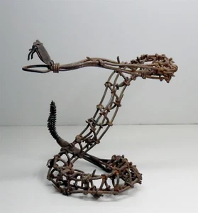 Folk Art Rattlesnake crafted from barbed wire signed Wesley Hall 1990s - Picture 1 of 8