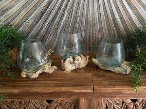 NEW Balinese Hand Blown Glass on Wood Bowl - Bali Glass on Wood Art ALL UNIQUE!! - Picture 1 of 4