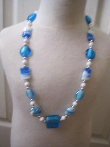 Aqua, White and Silver 22" Bead Necklace~LBDCM - Picture 1 of 4
