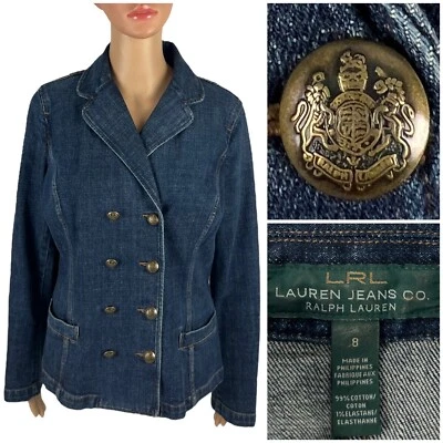 Ralph Lauren Women 8 Jacket Denim Double Breasted RL Blazer Crest Buttons Blue - Image 1 of 4
