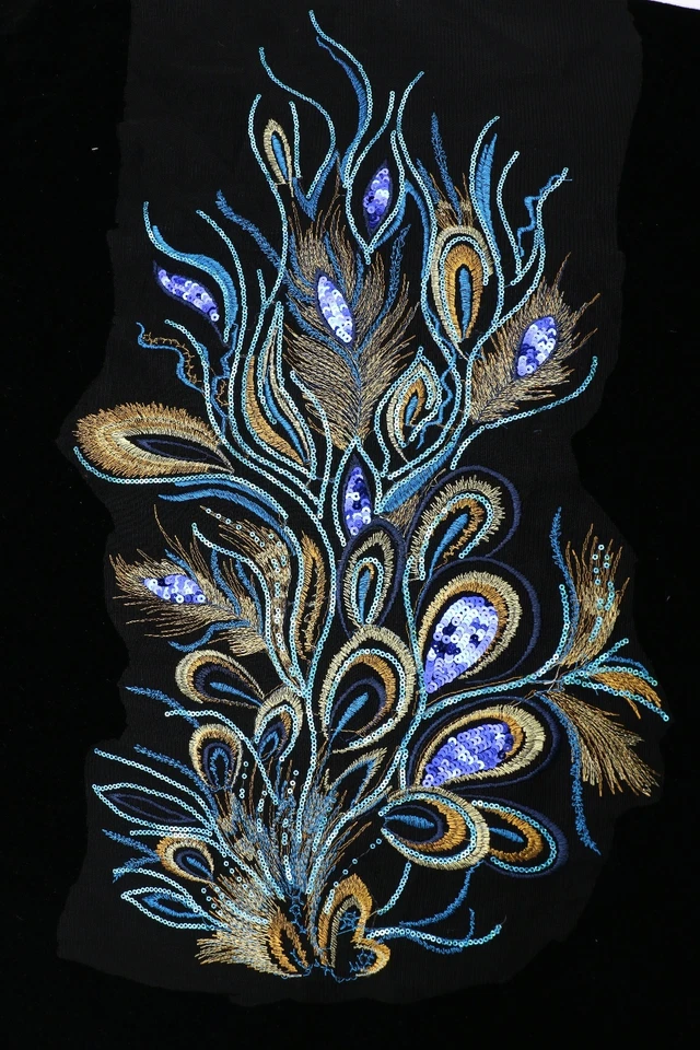 ETDesign 24" Lentejuelas Azules Pavo Real Pájaro Pluma Aplique Costura Artesanía Borde Foto 1 de 1