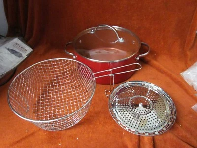  COOK'S ESSENTIALS 5 QT COVERED FLY PAN W/ FR BASKET & STEAMER RED - Image 1 of 4