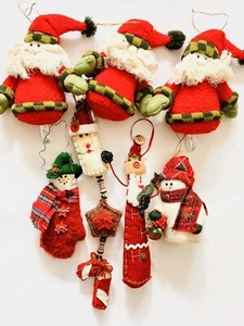 Lot Of 7 Plush Fabric Felt Knit Country Santa & Snowman Christmas Ornaments - Picture 1 of 12