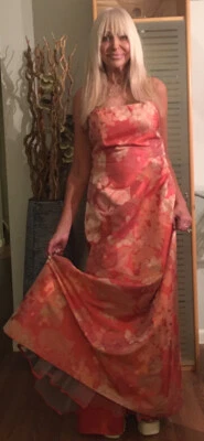 Maxi Vestido David Meister 12 Coral Plata Sin Tirantes Largo Seda Acetato Foto 1 de 4