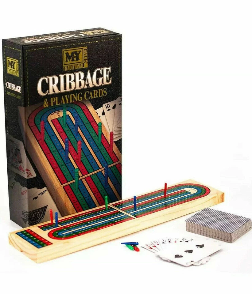 Traditional Wooden Cribbage Board Game Folding 3 Track 9 Pegs & Playing Cards