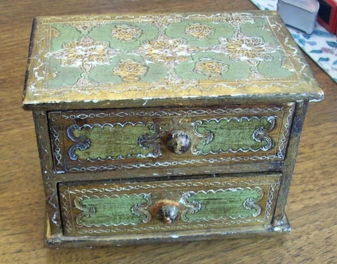 antique miniature wooden box chest with 2 drawers gold giltting with green paint Cover