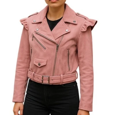 Chaqueta parisina de gamuza sintética rosa moto motociclista para mujer talla 10 nueva con etiquetas Foto 1 de 4