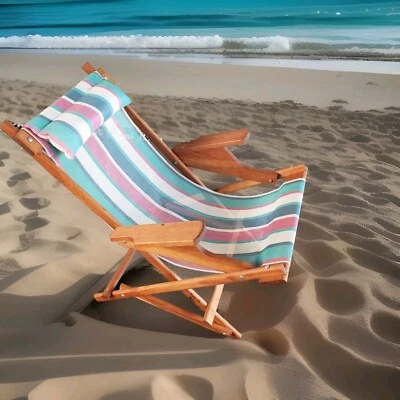 Retro VTG Folding Lounge Chair Wood Rocking Beach Seat Striped Pool Armrests - Image 1 of 4