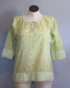 Eddie Bauer Large Semi-Sheer Cotton Blouse Pullover Elbow Lime Paisley USED EX - Picture 1 of 12