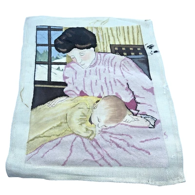 Mother and Infant Child Needlepoint Canvas Hand Painted Lg 70% Done Finish Me - Image 1 of 4