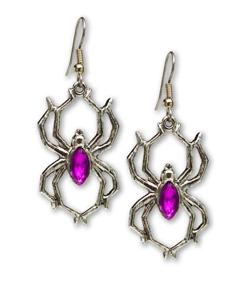 Gothic Spider Dangle Earrings with Purple Stone Body Silver Finish Pewter #952P - Image 1 of 4