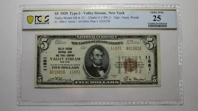 $5 1929 Valley Stream New York National Currency Bank Note Bill #11881 VF25 PCGS - Image 1 of 4