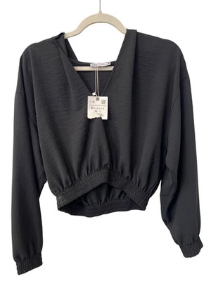 Zara укороченный толстовка с капюшоном размер средний V шеи длинным рукавом пуловер черный расслабленный новый - Изображение 1 из 4