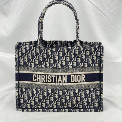 Dior Womens Medium Dior Book Tote Bag Oblique Motif Cotton Ercu/Blue Pre-Owned - Image 1 of 4