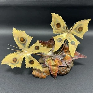 Vintage Metal Butterfly Sculpture Curtis Jere Style Brass with Burl Wood Base - Picture 1 of 8