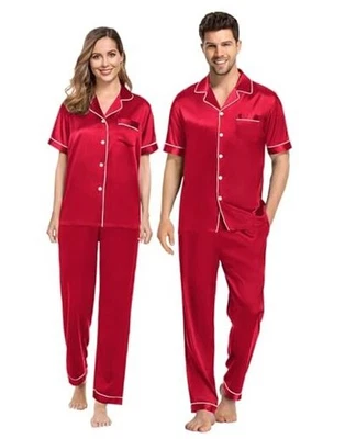  Conjuntos de pijama para parejas y ropa de dormir satinada manga corta mediana para mujer roja Foto 1 de 4