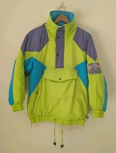 Retro 90s green and purple ski jacket ski with zip pockets and foldable hood by - Picture 1 of 7