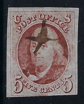 B&D: 1847 U.S. Scott 1b orange brown Franklin 5c 3-margin pen cancel used--sound - Image 1 of 2