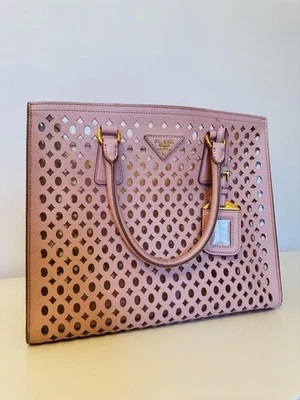 PRADA Saffiano Perforated Tote Bag Handbag Pink Leather Authentic Used Good Cond - Image 1 of 4