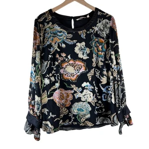 Soft Surroundings Black Floral Long Bell Sleeve Deanna Blouse Size XL - Picture 1 of 5