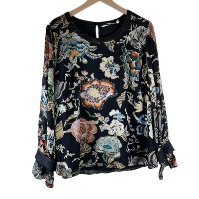Blusa Deanna Soft Surroundings Negra Floral Manga Larga Talla XL Foto 1 de 4