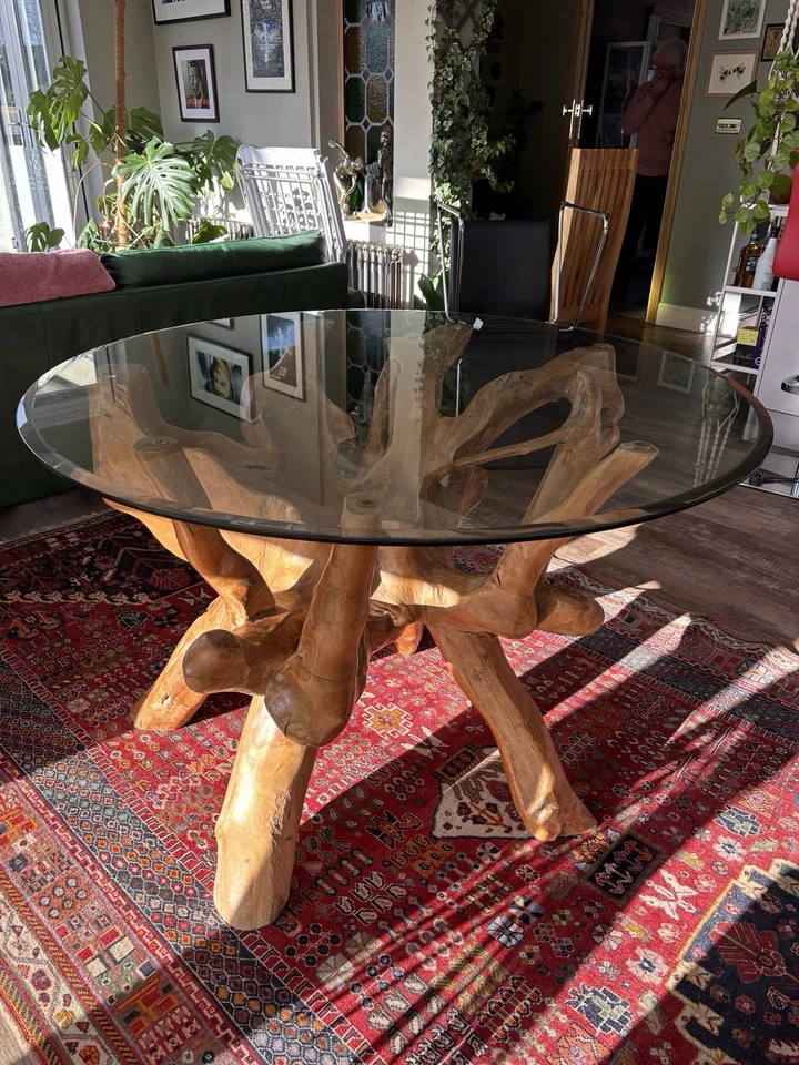 Teak Root Dining Table Glass Top - Image 1 of 4