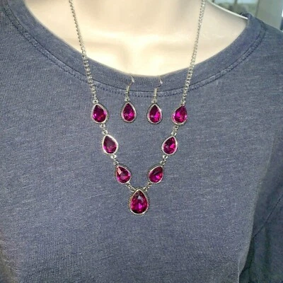 Collar y Pendientes Montana Plata Smith Fucsia Rosa Piedra Lágrima Gota NUEVO ❤️tb  Foto 1 de 4