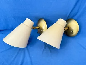 Pair Vintage MCM Electric Lights Atomic Fiberglass Shades Wall Sconce Fixtures - Picture 1 of 19