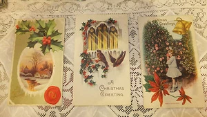 lot 3 Antique Christmas Post Card 2 embossed 1912 postmark Nevada City Ca Holly - Picture 1 of 10