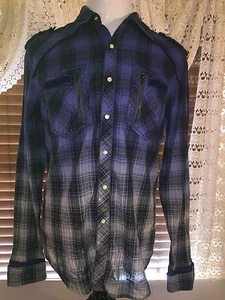 Mens VGUC SMASH Big Stitch Pearl Snap L Large Blue Fade To Gray Plaid Shirt - Picture 1 of 7