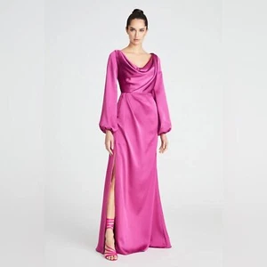 Theia Eliana Cowl Satin Long Sleeve Gown in Rosewood - Picture 1 of 11