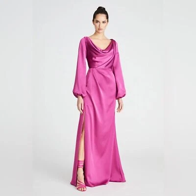 Theia Eliana Cowl Satin Long Sleeve Gown in Rosewood - Image 1 of 4