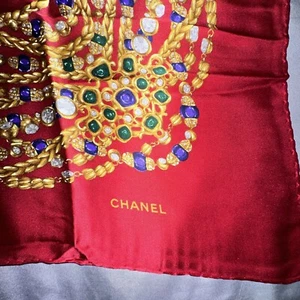 CHANEL Scarf Vintage Stole Jewel Pattern Chain Bijou Red - Picture 1 of 5
