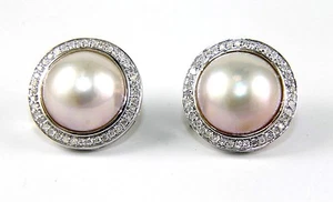 Mother of Pearl & Diamond Halo Stud Earrings 14k White Gold 13mm .70Ct - Picture 1 of 5