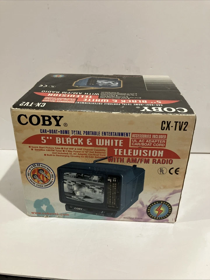 VTG  NEW Coby CX-TV2 5" Portable Black & White Television  with AM/FM Radio - Image 1 of 4