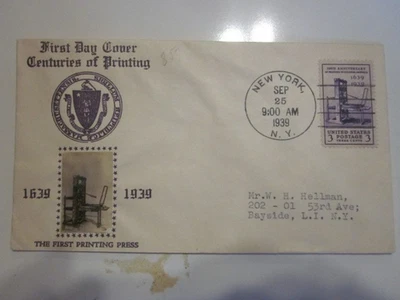US COVER 1939 1ST PRINTING PRESS FDC SCOTT 857 CROSBY PURPLE LETTERING CACHET - Image 1 of 4