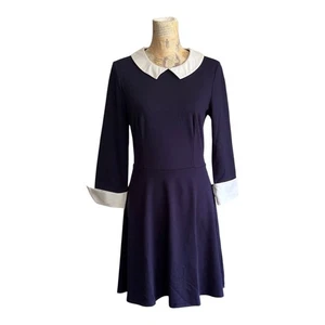 VENUS Dress Womens 8 Navy White Collar Cuffs Spandex Modest School Wednesday - Picture 1 of 16