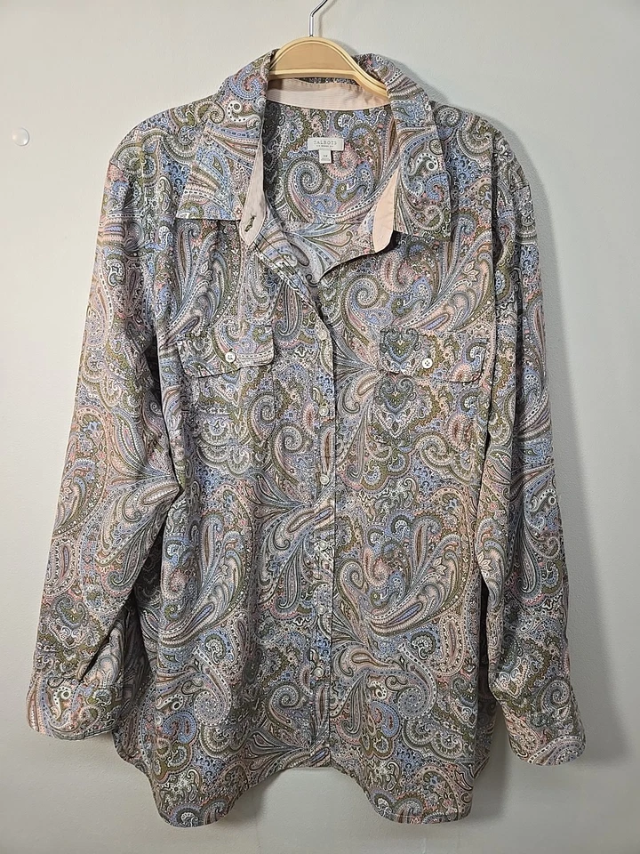 Blusa Camisa Talbots Abotonada Azul Rosa Verde Oliva Paisley Talla 3X Pestaña Enrollable... Foto 1 de 4