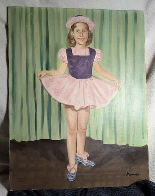 Lienzo de pintura al óleo 1958 de niña con vestido rosa - United Artist Portrait Co Foto 1 de 4