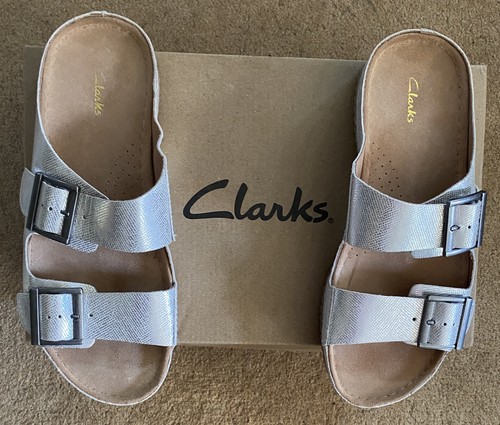 Sandali donna Clarks regolabili doppio cinturino mulo argento *Brookleigh” UK 5