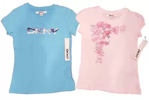 DKNY Girls Pink/Blue T-Shirt Logo Cityscape Ink Splatter Floral Flowers Size 6 - Picture 1 of 4