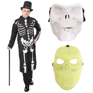 ADULTS JAMES BONES COSTUME MENS HALLOWEEN SKELETON COAT TIE HAT MASK FANCY DRESS - Picture 1 of 10