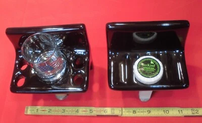 Juego de fregadero negro brillante... Jabonera de cerámica... Soporte para taza y cepillo de dientes: 5" X 5" NUEVO Foto 1 de 4