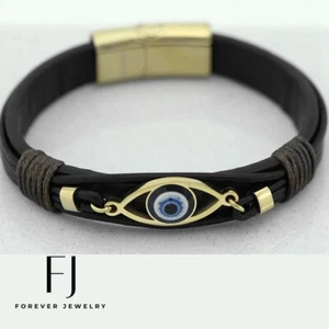 Men's 8" Stainless Steel,Black Band,Leather,Evil eye Bracelet,Gold Plated*BOX - Picture 1 of 4