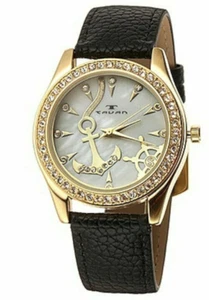 NEW Tavan 9775 Nautical Sea Anchor MOP Dial Crystal Bezel Black Leather Watch - Picture 1 of 2