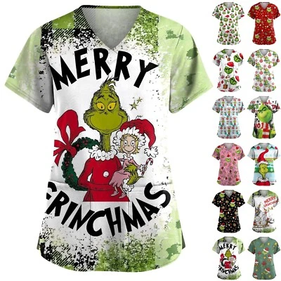 Women Christmas Grinch Nursing Uniform Scrub Short Sleeve Top With Pocket Blouse - Image 1 of 2