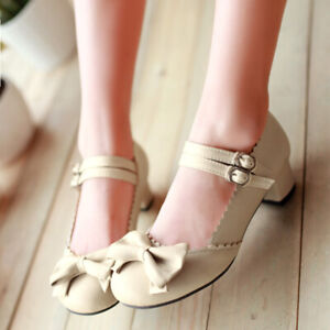 Women Bowknot Lolita Retro Chunky Heels Pumps Ankle Strap Gothic Mary Jane Shoes