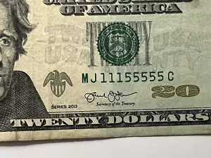 2013 $20 SUPER REPEATER Dollar Bill FANCY Serial Number MJ11155555 C - Picture 1 of 3